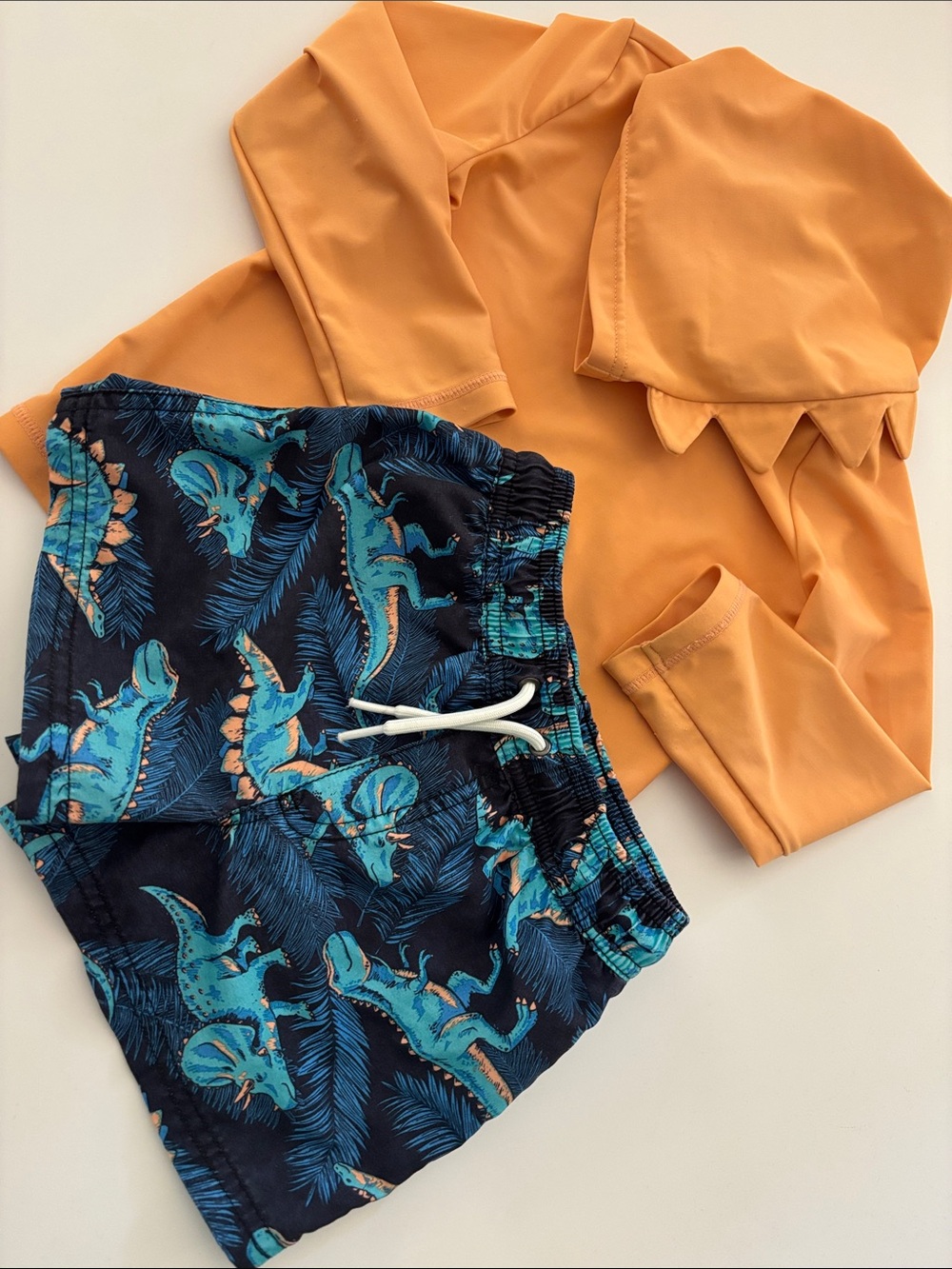 Carter's Boys Orange Rashguard Top with Navy Blue Dinosaur Swim Shorts